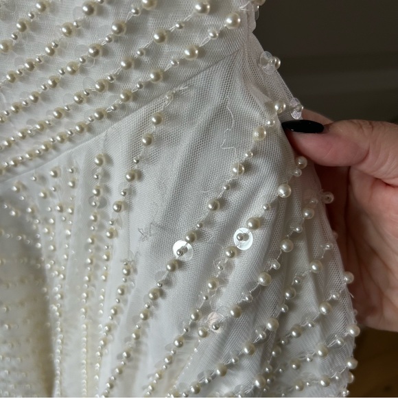 NWT Mac Duggal 93741 Pearl Sequin One Shoulder Asymmetrical White Midi Gown - Picture 7 of 9